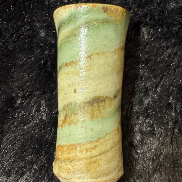 Pottery Ceramic Tumbler  Vase  Mini 4.5" Green & Brown Swirls Stamped Signed - Picture 4 of 6